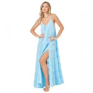 L Space Goldie Cover Up Tiered Scoop Back Maxi Dress in Blue M/L